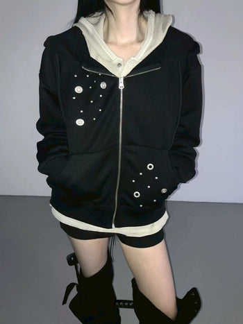 正韓 設計 拉鍊 寬鬆 洞口 小眾 連帽外套