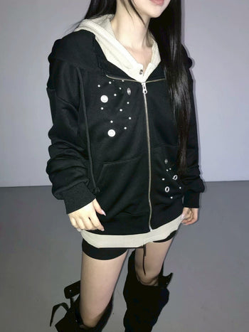 正韓 設計 拉鍊 寬鬆 洞口 小眾 連帽外套