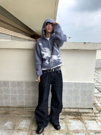 小眾 海馬毛 針織 提花 雙拉鍊  慵懶 連帽外套