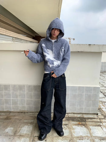 小眾 海馬毛 針織 提花 雙拉鍊  慵懶 連帽外套