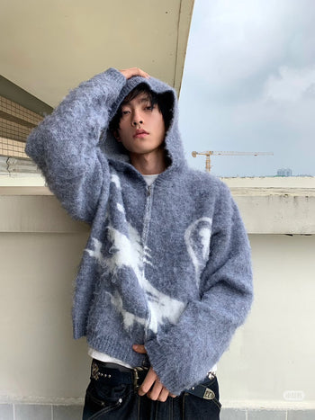 小眾 海馬毛 針織 提花 雙拉鍊  慵懶 連帽外套