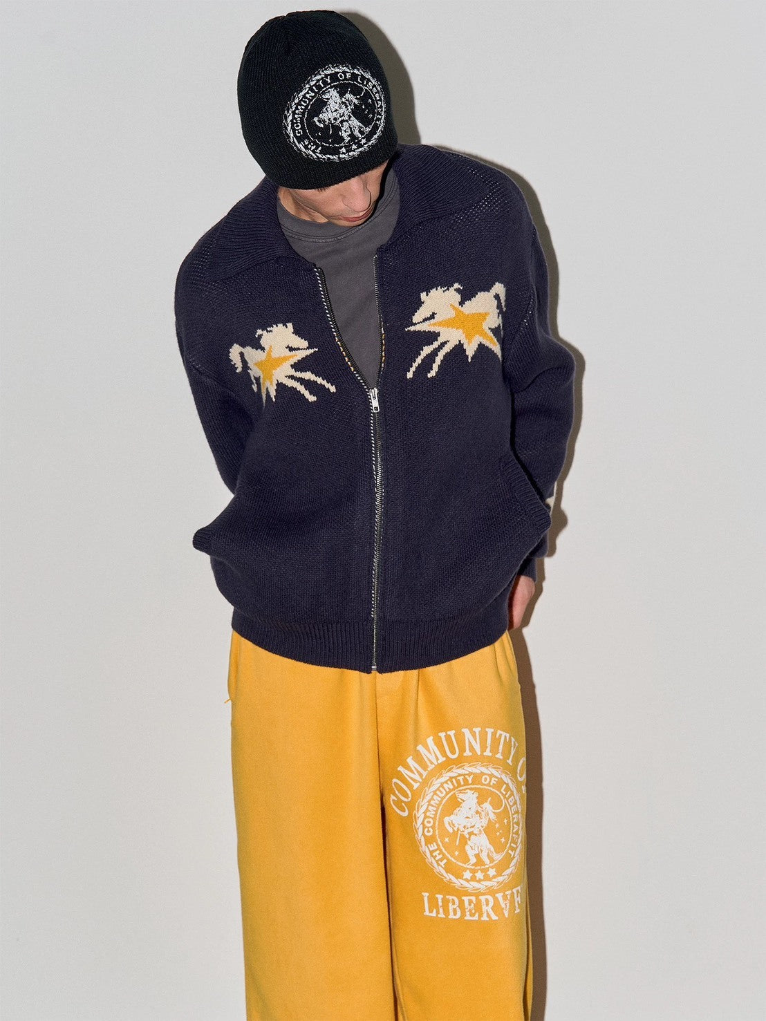 牛仔 印花 羊毛 針織 拉鍊 翻領 拉鍊 外套