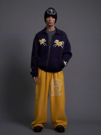 牛仔 印花 羊毛 針織 拉鍊 翻領 拉鍊 外套