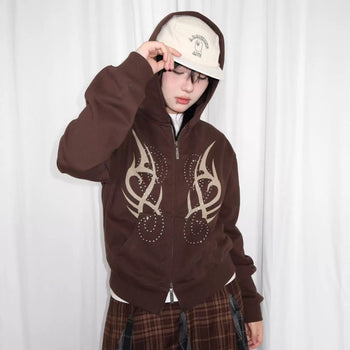 美式 復古 燙鑽 連帽 拉鏈 短板 外套