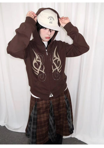 美式 復古 燙鑽 連帽 拉鏈 短板 外套