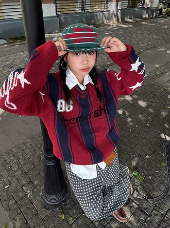 美式 條紋 拼色 數字 繡花 針織 毛衣