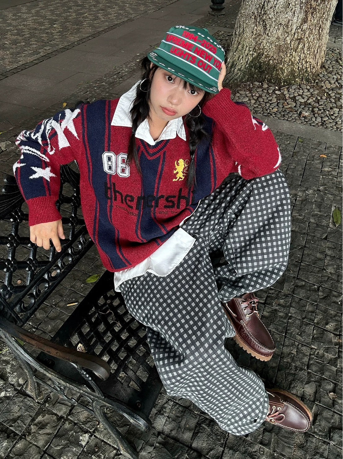 美式 條紋 拼色 數字 繡花 針織 毛衣