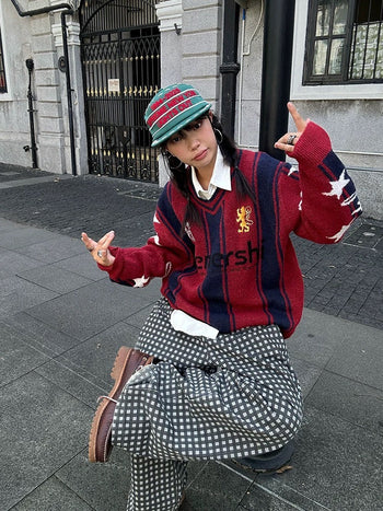 美式 條紋 拼色 數字 繡花 針織 毛衣