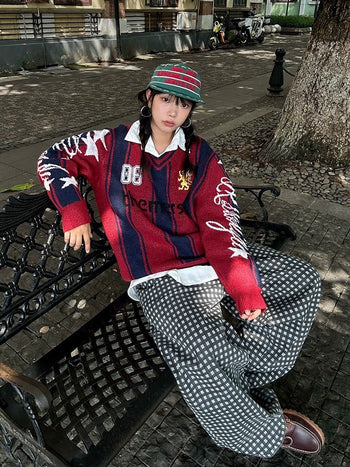 美式 條紋 拼色 數字 繡花 針織 毛衣