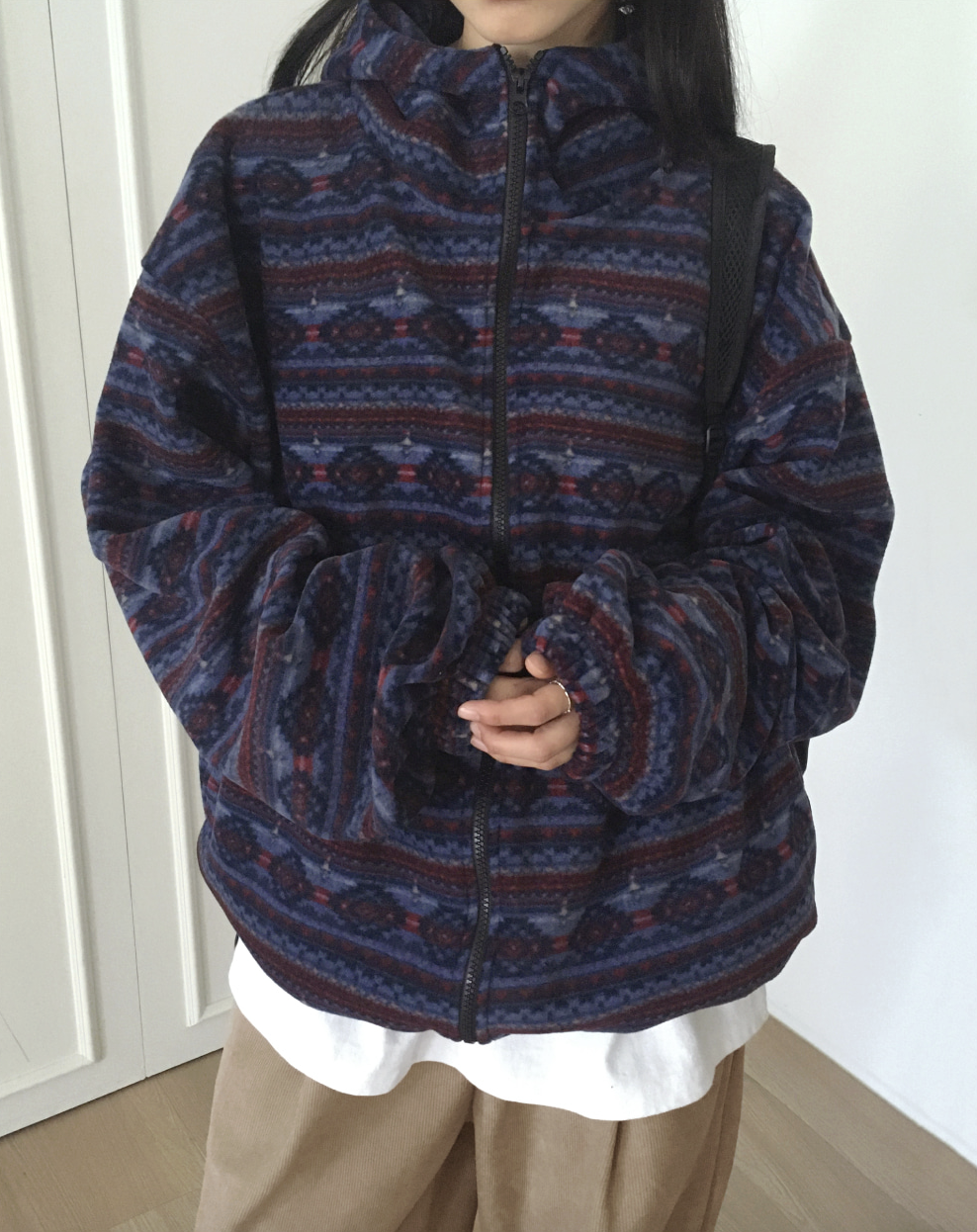 復古北歐抓絨雙向連帽拉鍊衫