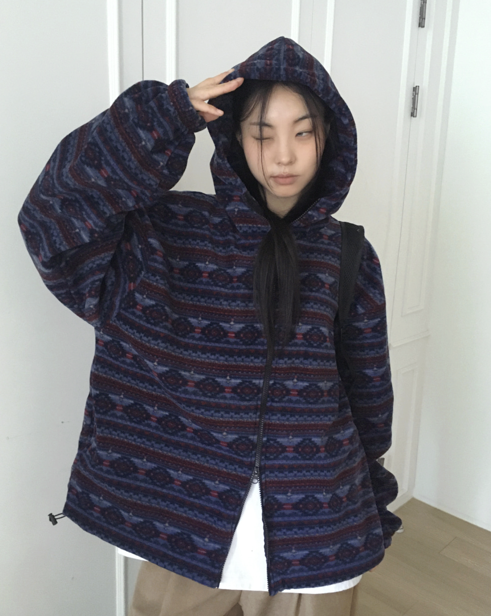 復古北歐抓絨雙向連帽拉鍊衫