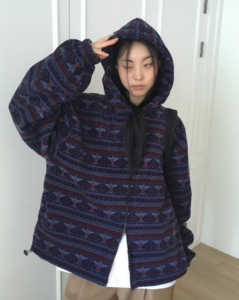 復古北歐抓絨雙向連帽拉鍊衫