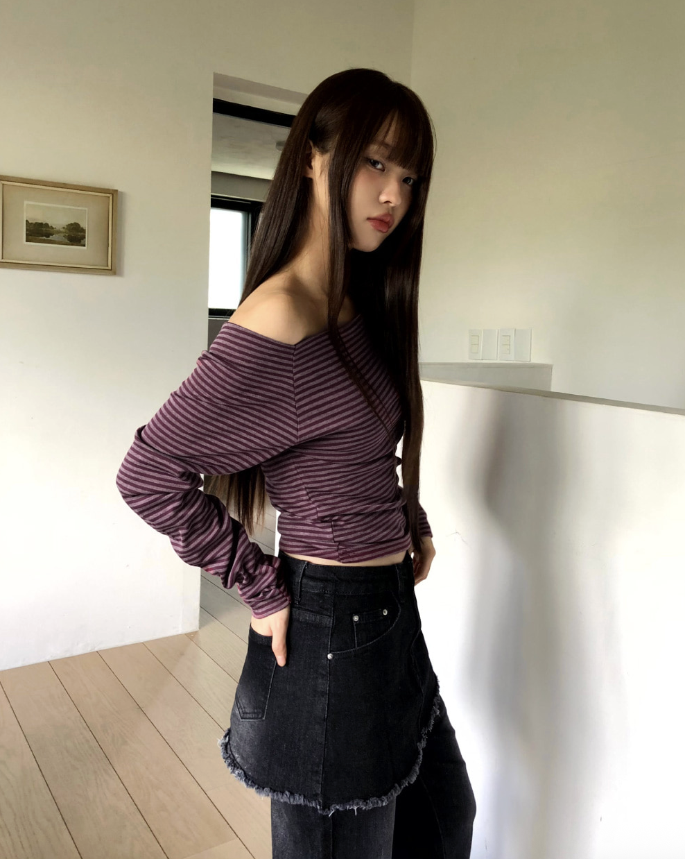 條紋露肩長袖T卹