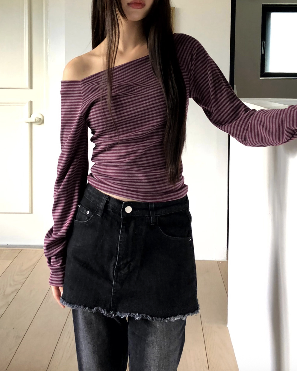 條紋露肩長袖T卹