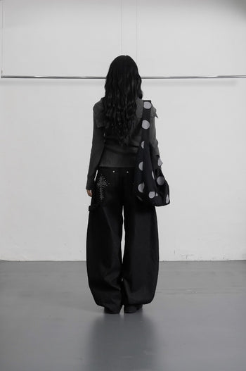 水鑽豹紋十字架寬鬆彎刀牛仔褲