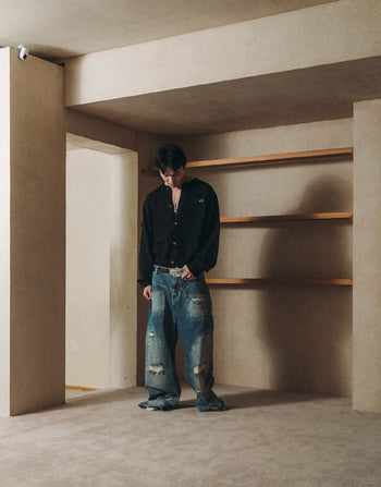 E’TREALOUEST - P-R98 25SS 藍色水洗破壞反面牛仔褲