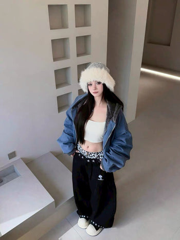 【GUBAN】P-J97 美式復古星星豹紋雙腰頭彎刀牛仔長褲