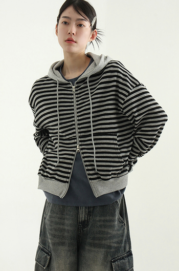 條紋華夫格連帽拉鍊衫