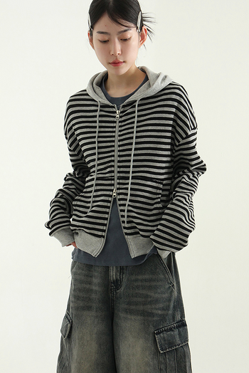 條紋華夫格連帽拉鍊衫
