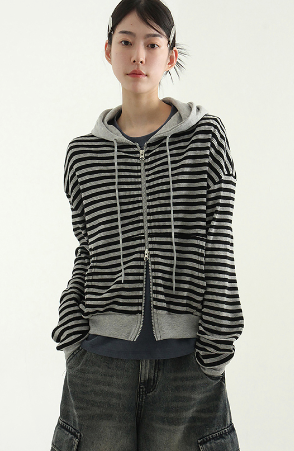 條紋華夫格連帽拉鍊衫