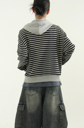 條紋華夫格連帽拉鍊衫