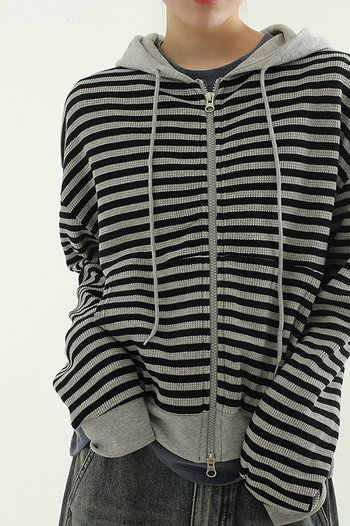 條紋華夫格連帽拉鍊衫