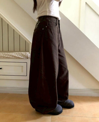 韓國豹紋字母抓絨寬鬆長褲