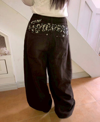 韓國豹紋字母抓絨寬鬆長褲