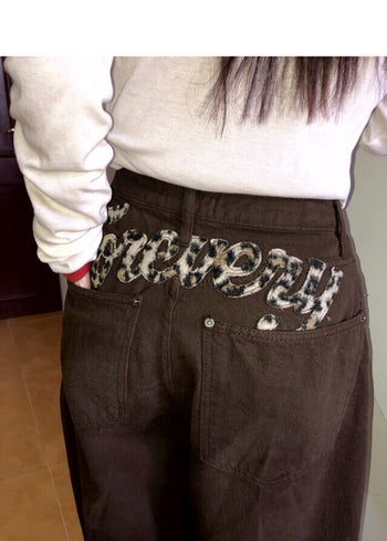 韓國豹紋字母抓絨寬鬆長褲