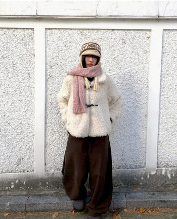 韓國豹紋字母抓絨寬鬆長褲