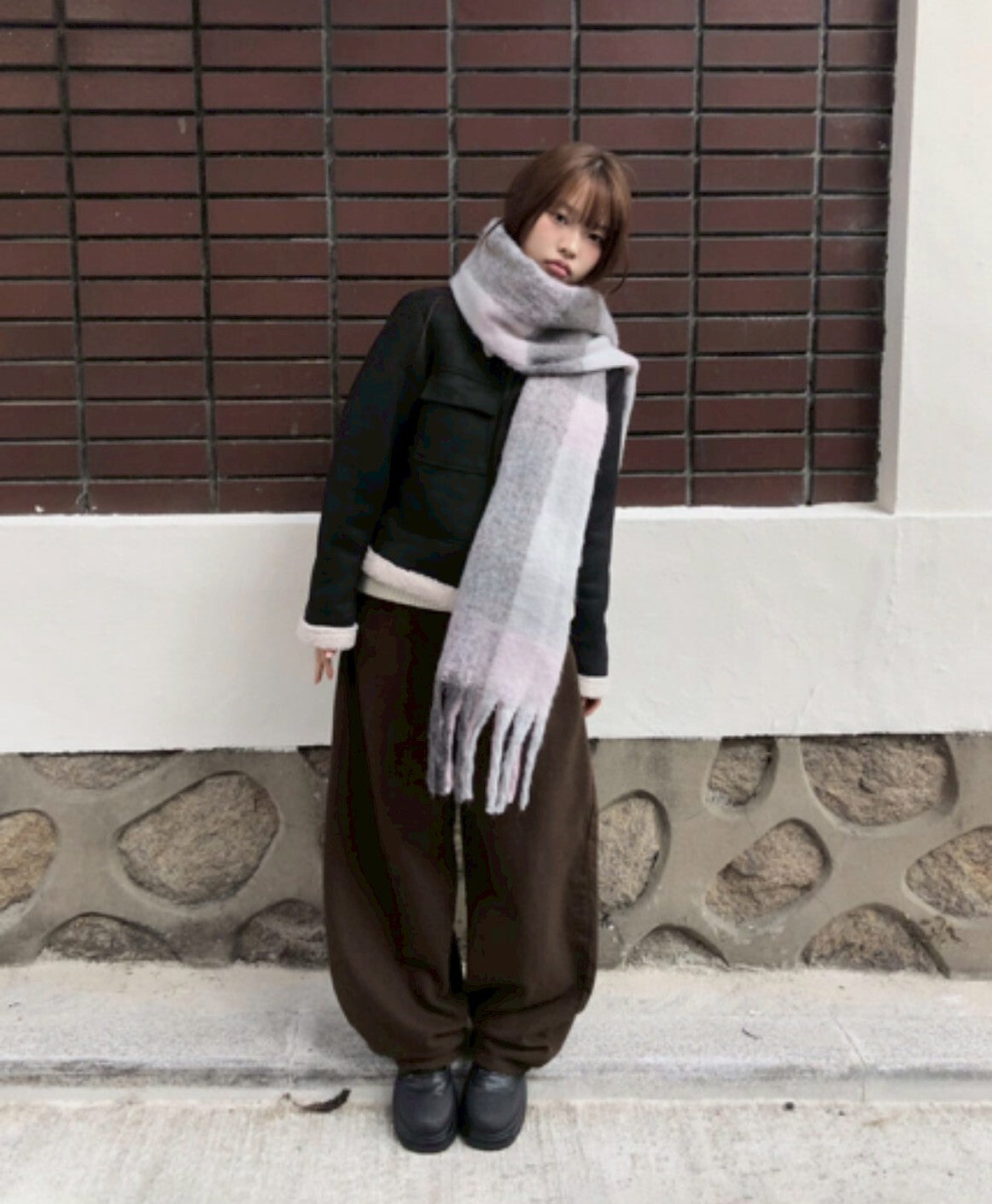 正韓復古格紋口袋抓絨燈籠長褲