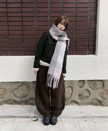 正韓復古格紋口袋抓絨燈籠長褲