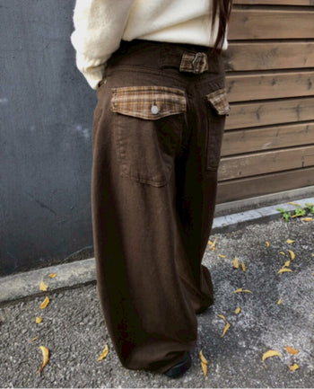 正韓復古格紋口袋抓絨燈籠長褲