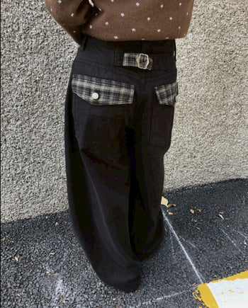 正韓復古格紋口袋抓絨燈籠長褲