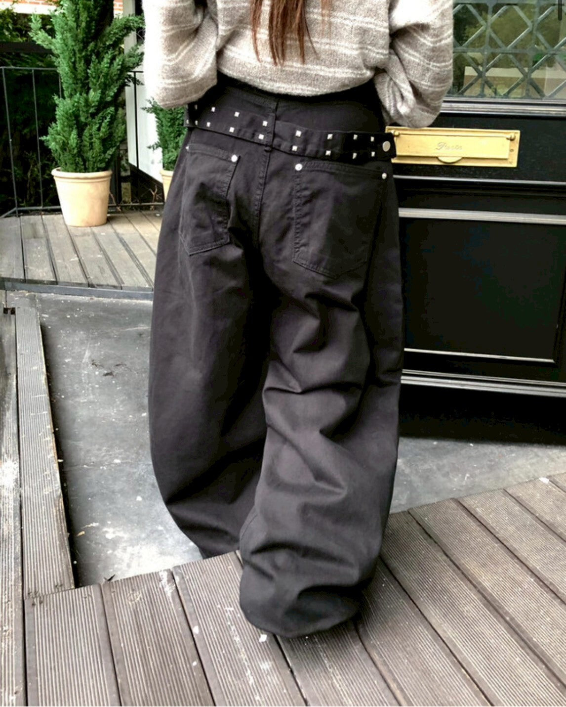 鉚釘吊帶燈籠寬鬆長褲