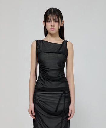 FLARE UP - Draped Mesh Layered Sleeveless  垂褶網紗層疊無袖上衣 T-F1095 (黑色)