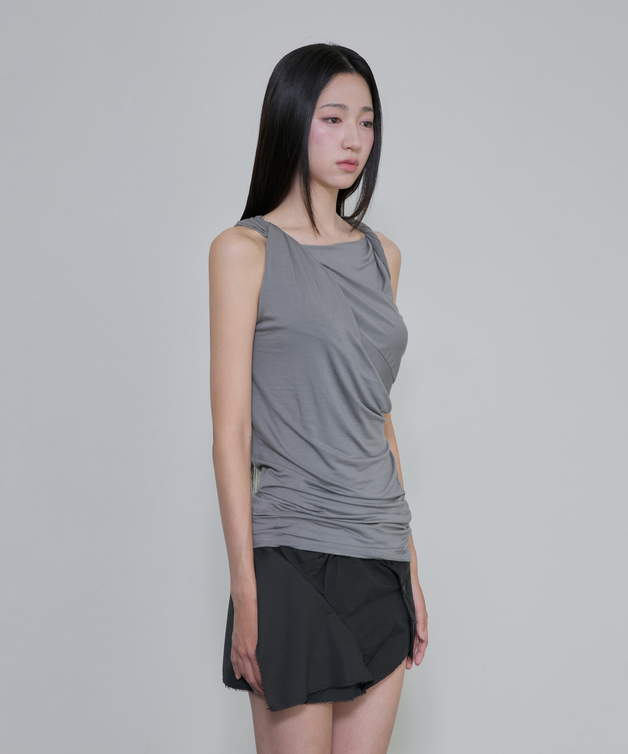 FLARE UP - Braided Asymmetrical Sleeveless 編織不對稱無袖衫 T-F1089 (灰色)
