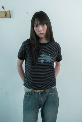 NICEGHOSTCLUB - STRIPE RUSH 3STAR RINGER CROP TEE 條紋短版T恤 [黑色] T-N226