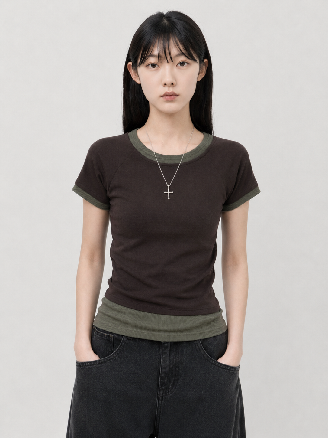 T-K1067 正韓雙色褶皺假兩件上衣