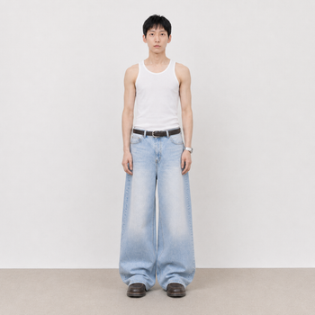 P-K193 正韓雙後袋貓須水洗復古直筒牛仔褲
