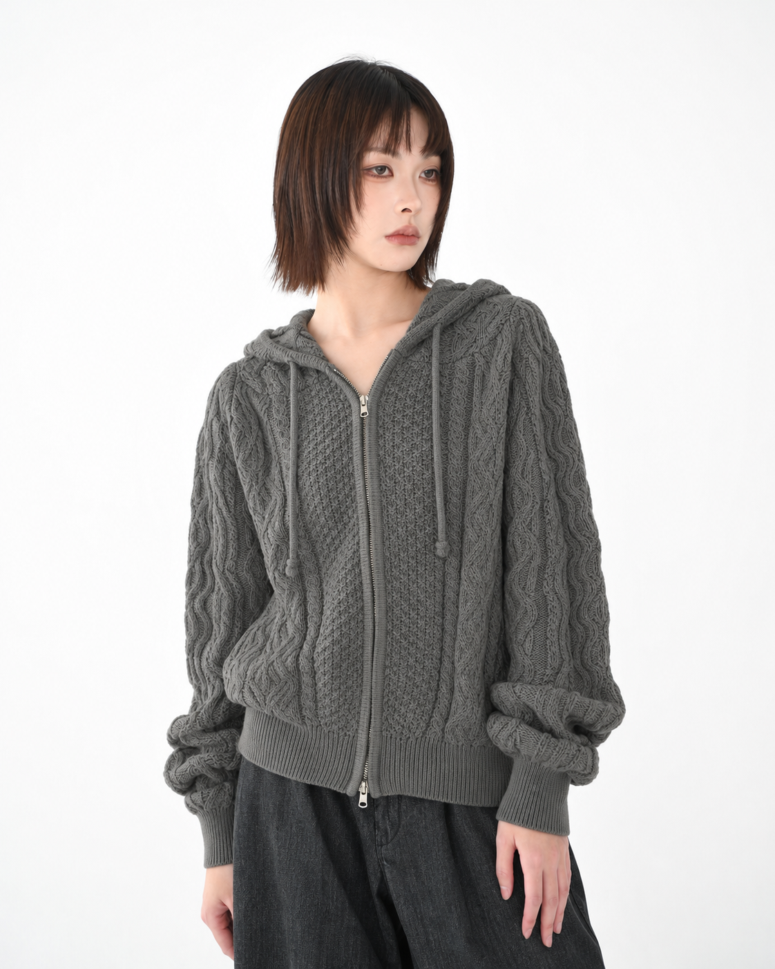 正韓寬鬆麻花暖手連帽針織外套 JP-3279