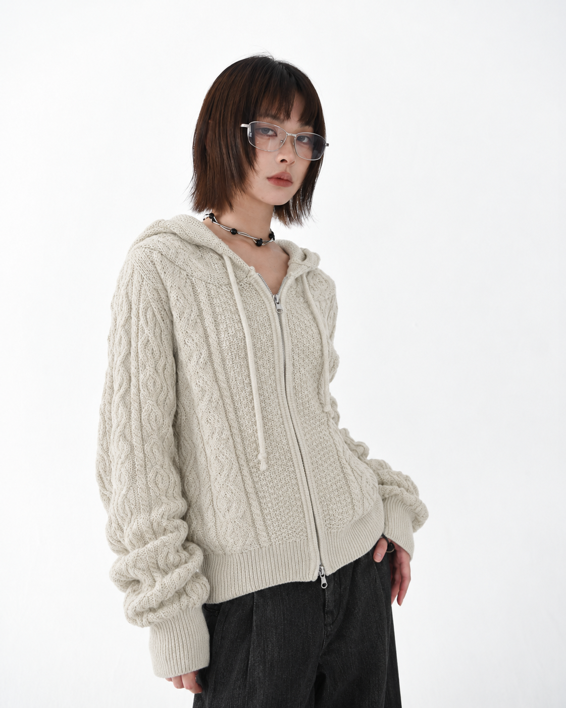 正韓寬鬆麻花暖手連帽針織外套 JP-3279
