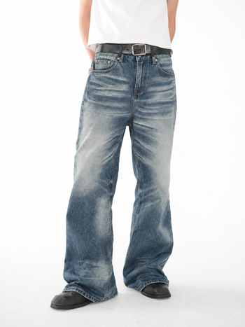 復古水洗貓鬚紋寬鬆牛仔長褲 P-H267