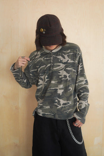 韓國 迷彩 華夫格 短版 亨利領 長袖 上衣