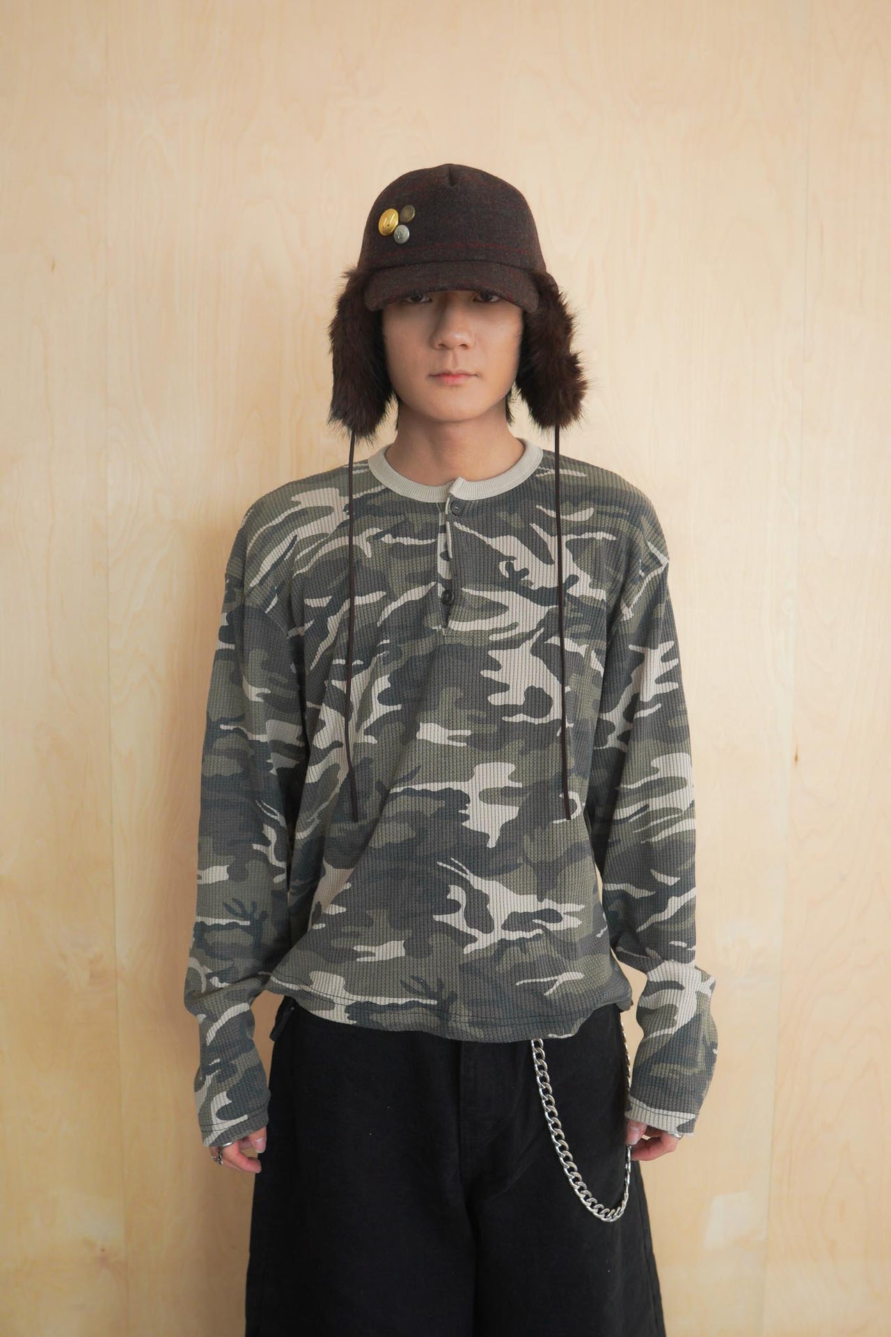 韓國 迷彩 華夫格 短版 亨利領 長袖 上衣