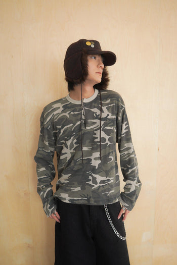 韓國 迷彩 華夫格 短版 亨利領 長袖 上衣