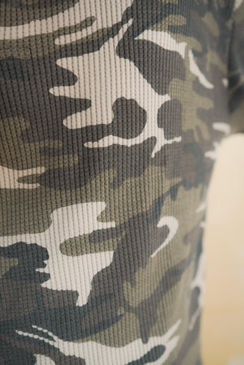 韓國 迷彩 華夫格 短版 亨利領 長袖 上衣