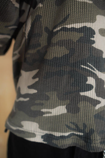 韓國 迷彩 華夫格 短版 亨利領 長袖 上衣