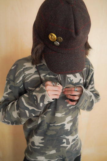 韓國 迷彩 華夫格 短版 亨利領 長袖 上衣