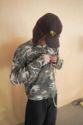 韓國 迷彩 華夫格 短版 亨利領 長袖 上衣